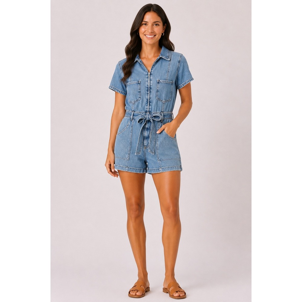Good American Denim Zip Front Belted Romper Light Indigo  XL NWT